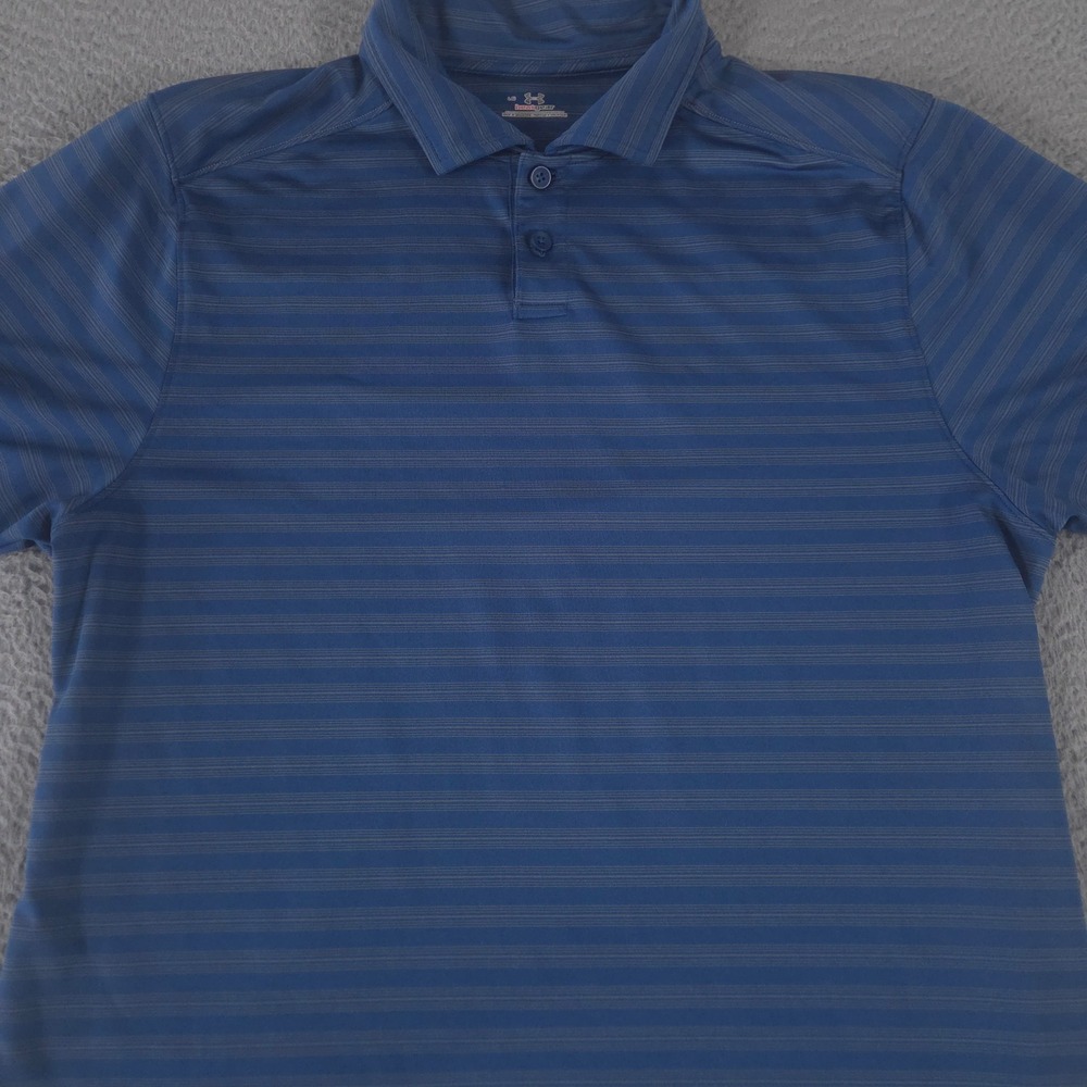 VINTAGE Under Armour Polo Shirt Mens Large Blue Striped HeatGear Golf Summer Y2K